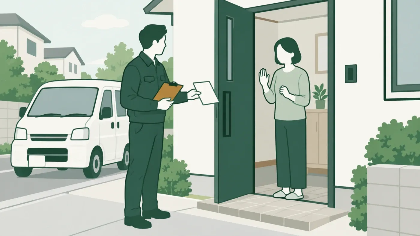 戸建ての玄関先で、作業着の人がバインダーと紙を手に話しかけ、玄関の中の住人が片手を上げて返事を保留している様子